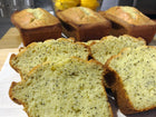 Close up photo of Lemon Poppy Seed Pound Cake. Available in Berkeley.